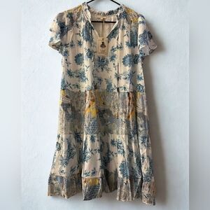 Easel Floral Patchwork Mini Dress - Blue and Yellow